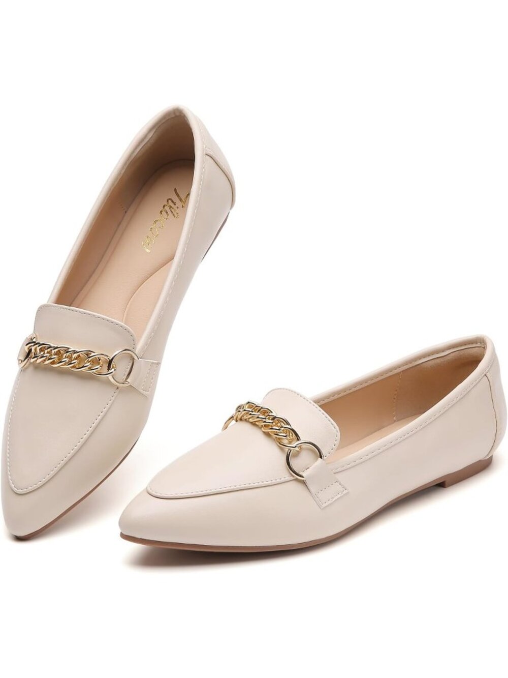 Women's Beige Comfortable Metal Chain Pointed Toe Slip on Fashion FlatS Shoes